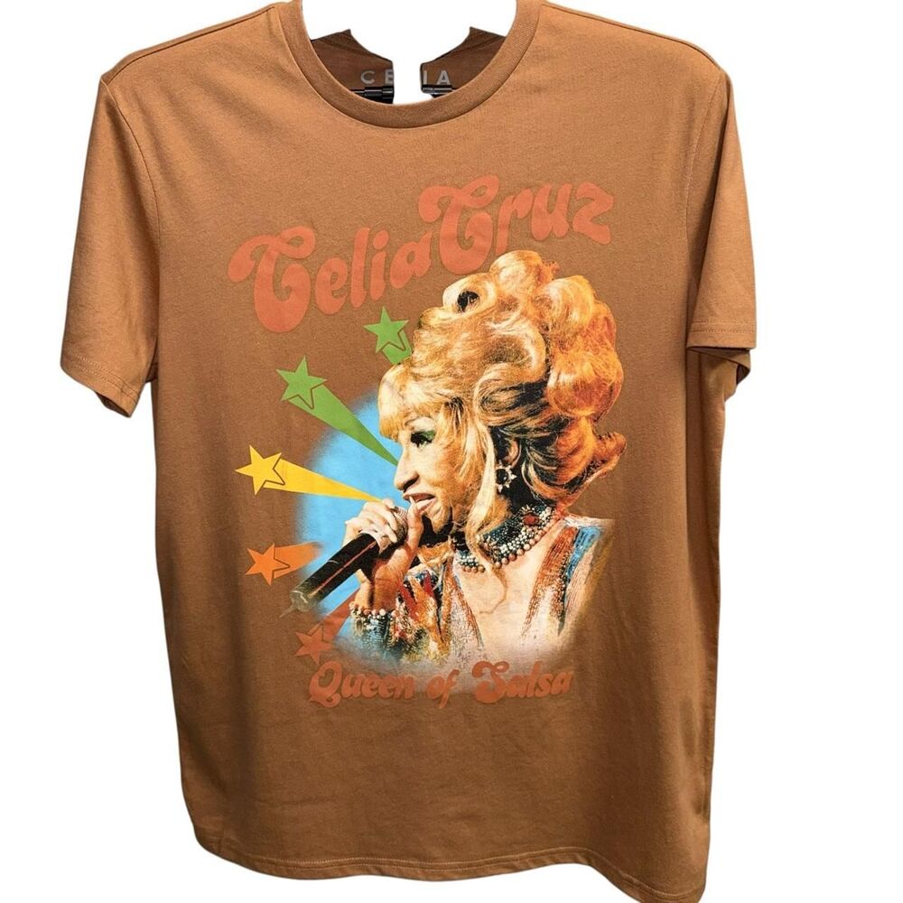 Celia Cruz Queen of Salsa Graphic T-Shirt Medium Brown Goodie Two Sleeves New